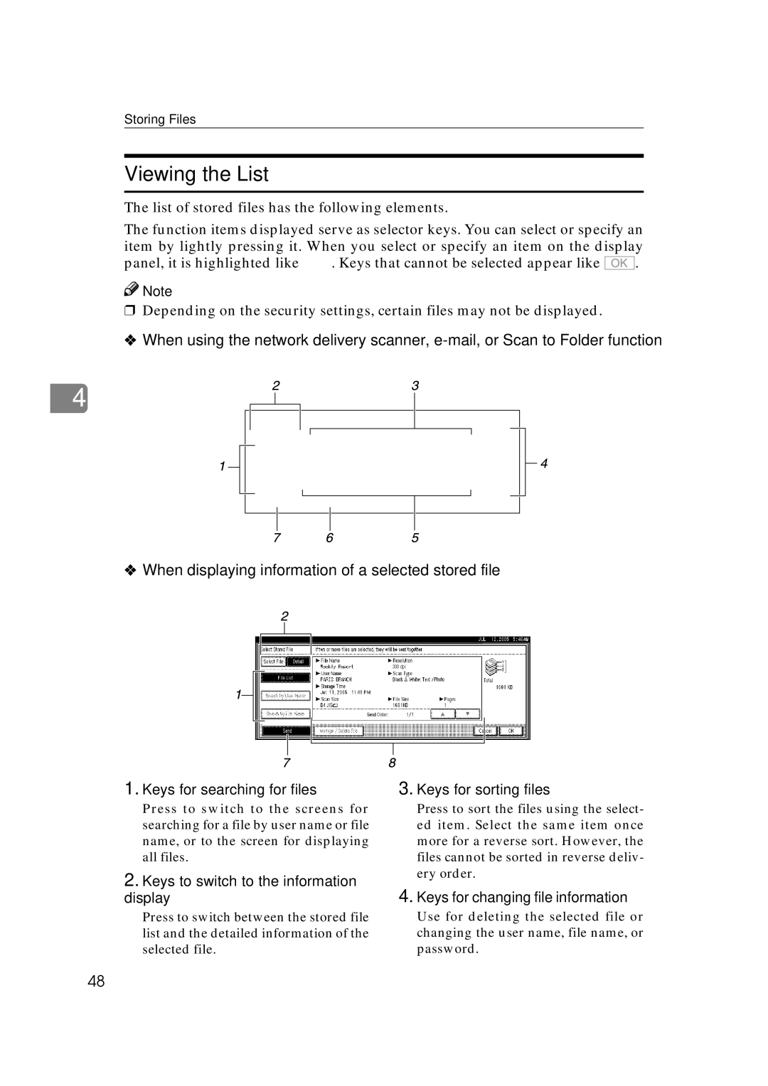 Ricoh Type 480 appendix Viewing the List, Keys for searching for files, Keys for changing file information 