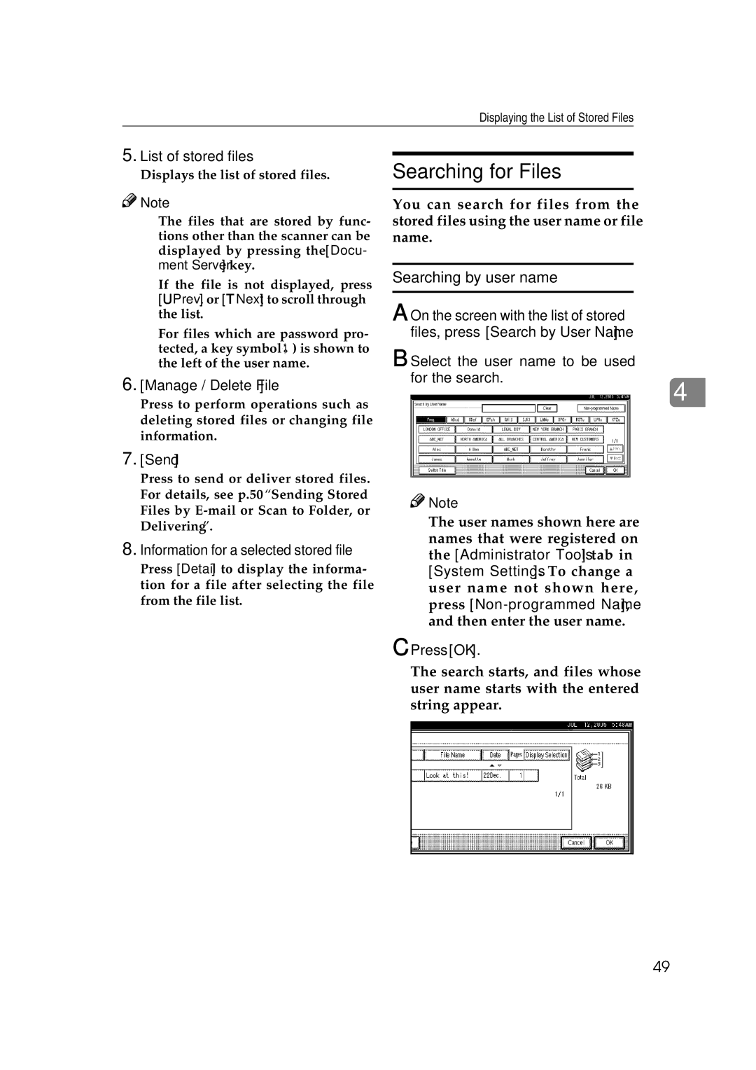 Ricoh Type 480 appendix Searching for Files, Searching by user name, Manage / Delete File, Send 