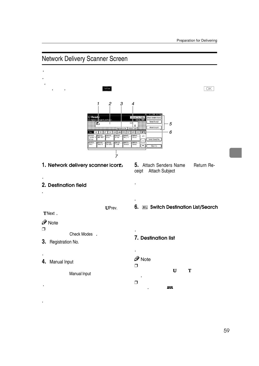 Ricoh Type 480 appendix Network Delivery Scanner Screen, Network delivery scanner icon, Switch Destination List/Search 