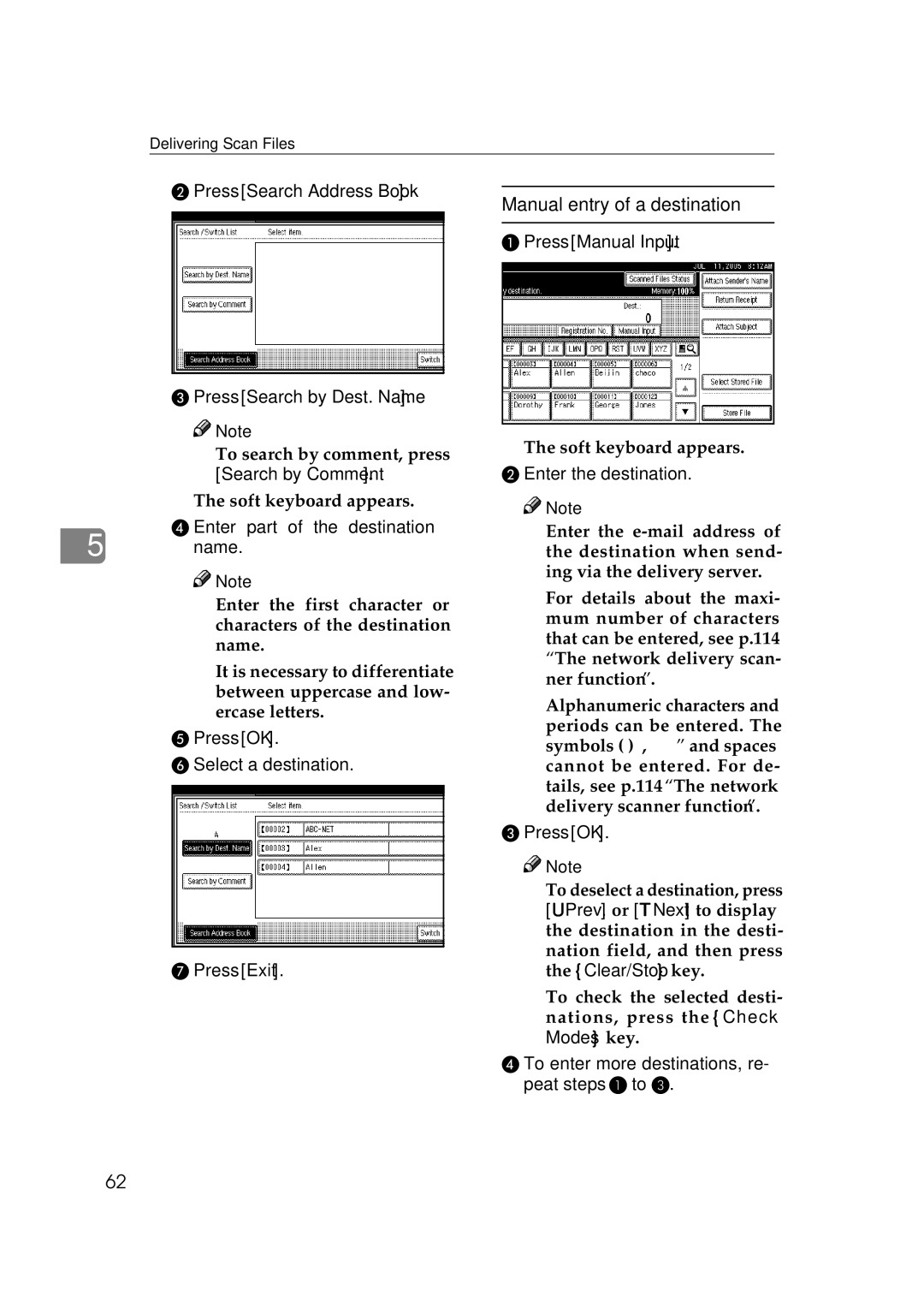 Ricoh Type 480 Manual entry of a destination, Press Search Address Book Press Search by Dest. Name, Search by Comment 