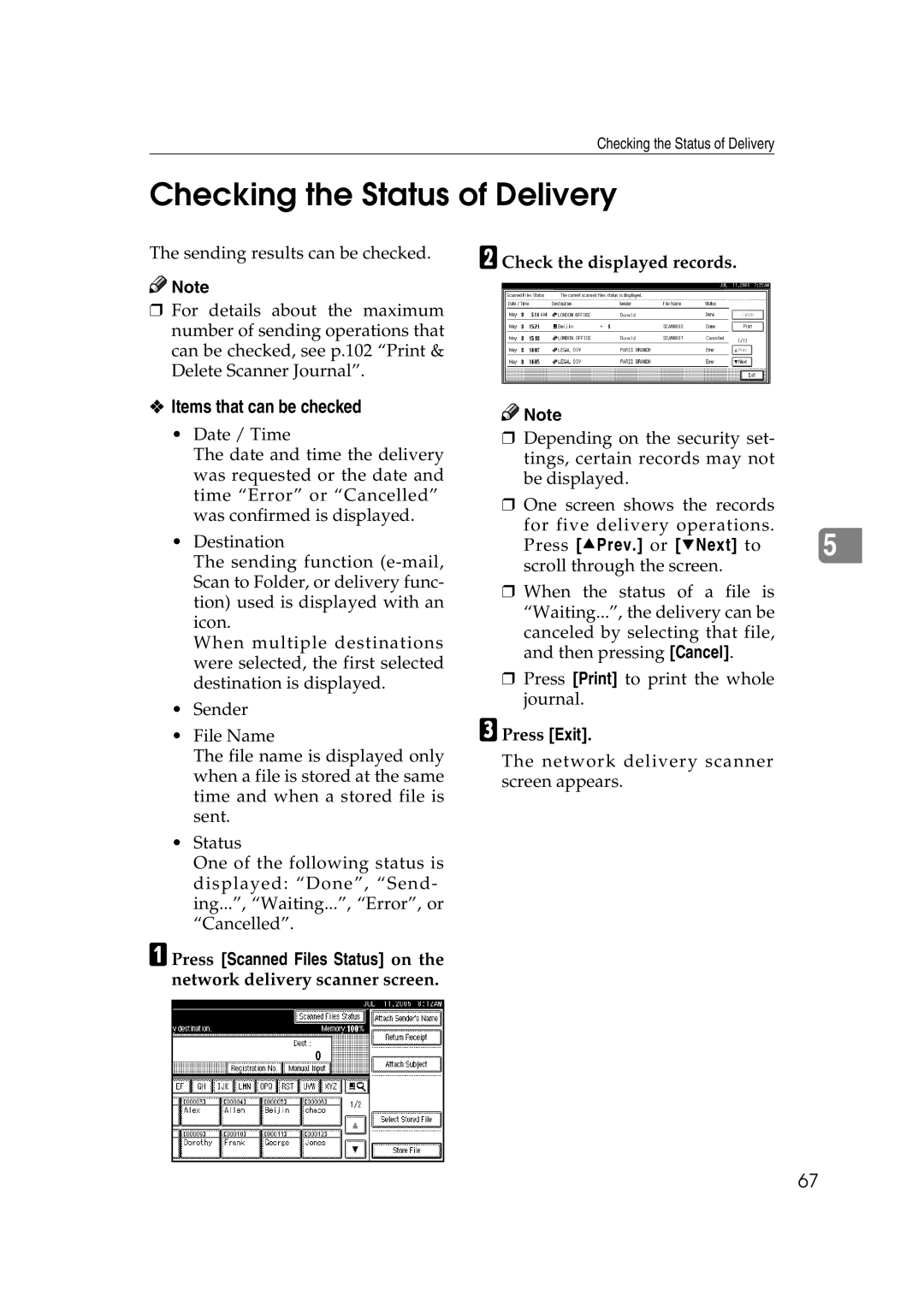 Ricoh Type 480 appendix Checking the Status of Delivery, Press UPrev. or TNext to 