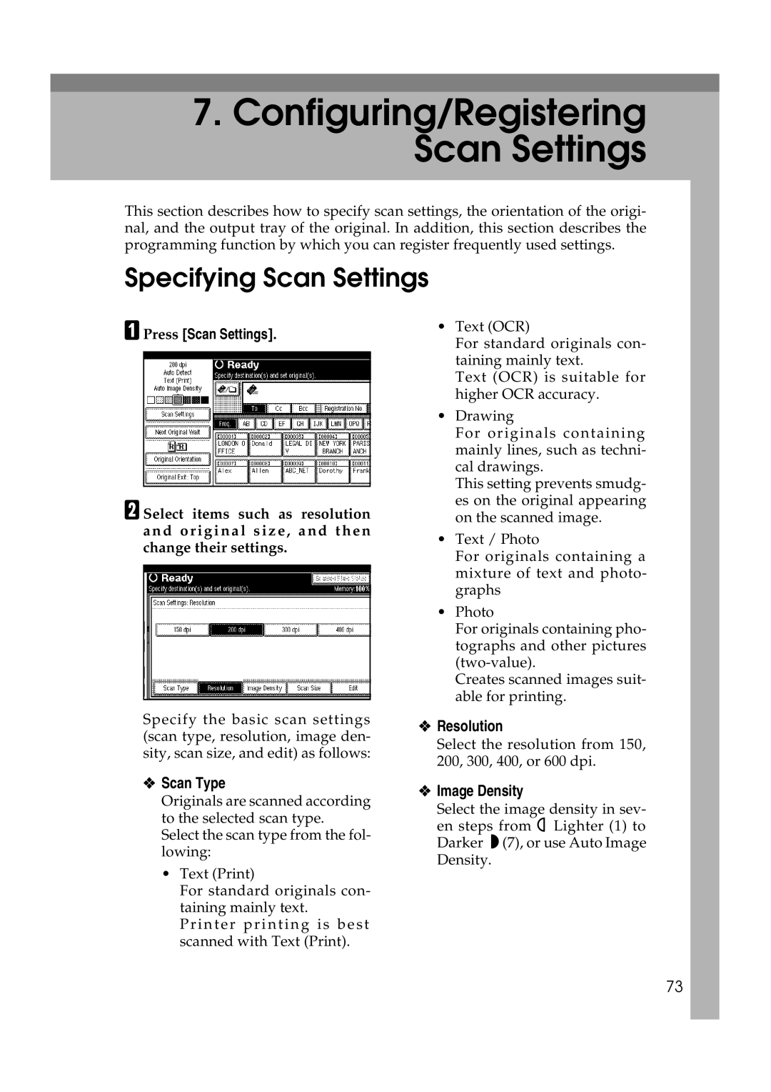 Ricoh Type 480 appendix Specifying Scan Settings, Resolution, Scan Type, Image Density, Press Scan Settings 