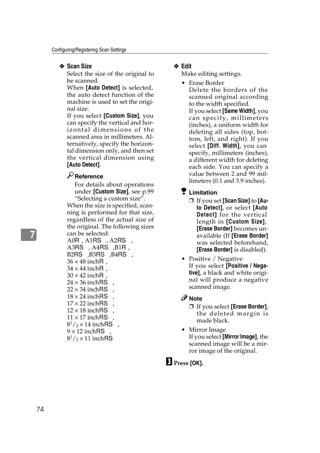 Ricoh Type 480 appendix Scan Size, Edit, Auto Detect Reference 