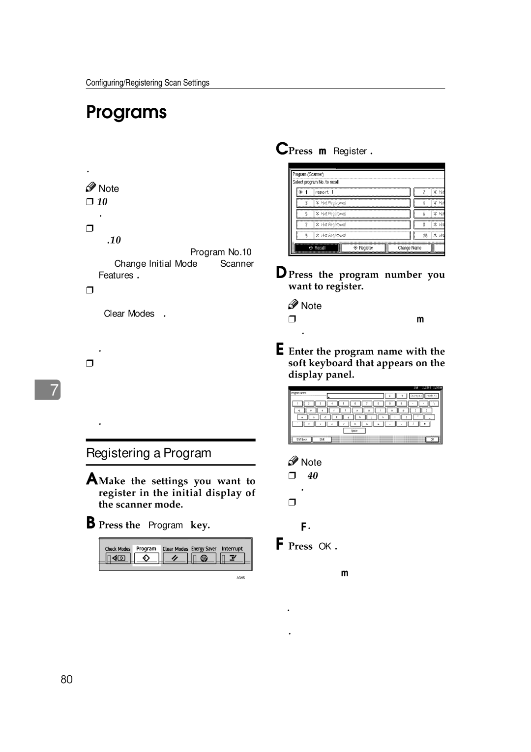 Ricoh Type 480 appendix Programs, Registering a Program, Press m Register, Press the program number you want to register 