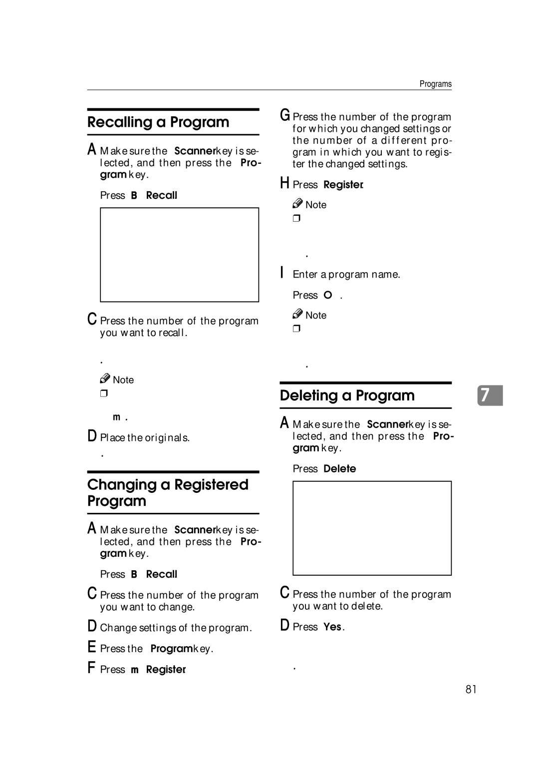 Ricoh Type 480 Recalling a Program, Press B Recall, Press the number of the program you want to recall, Press Register 