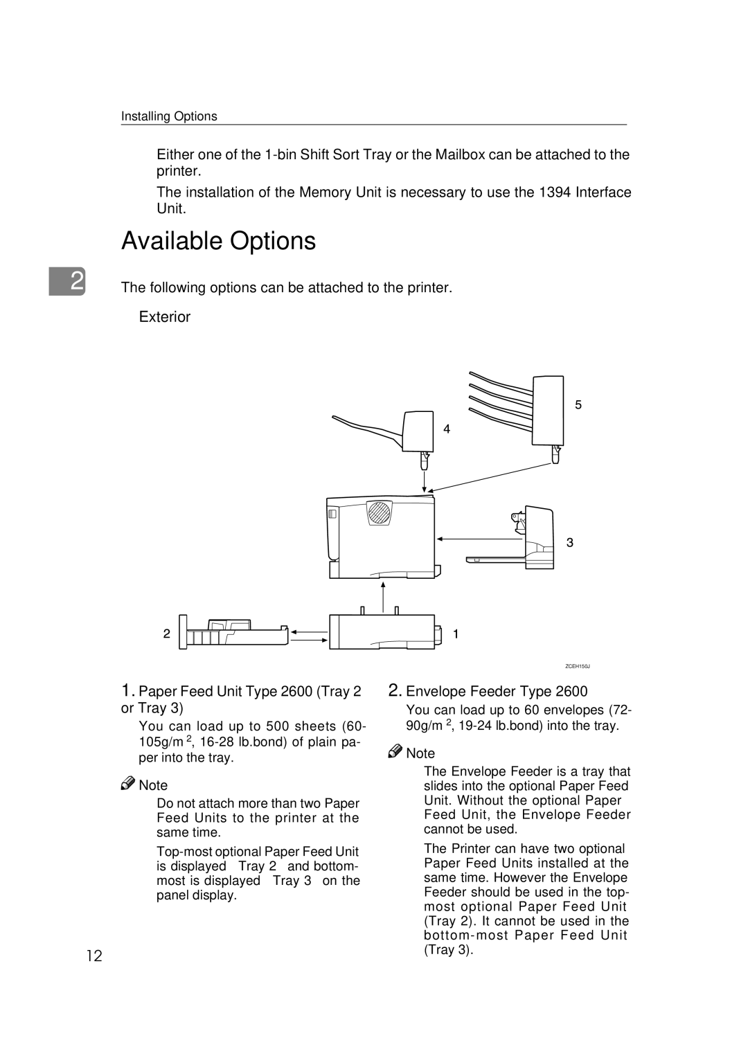 Ricoh Type B, AP2610, 400780 setup guide Available Options, Paper Feed Unit Type 2600 Tray 2 or Tray, Envelope Feeder Type 