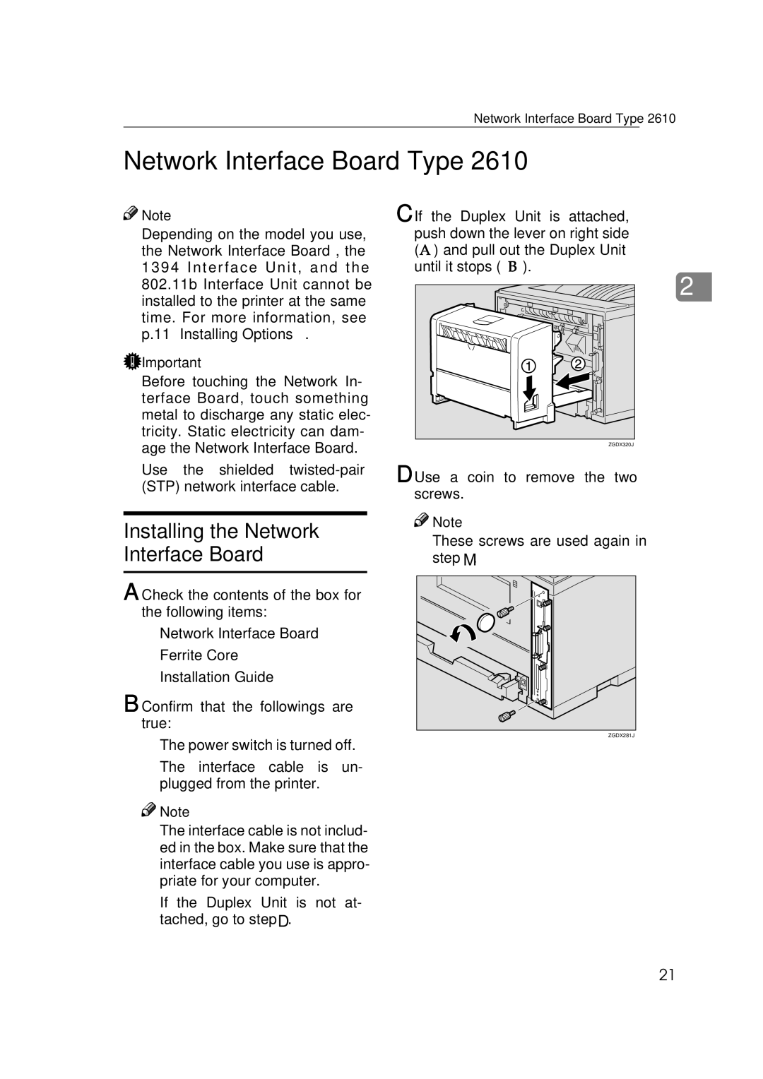 Ricoh Type B, AP2610, 400780 setup guide Network Interface Board Type, Installing the Network Interface Board 