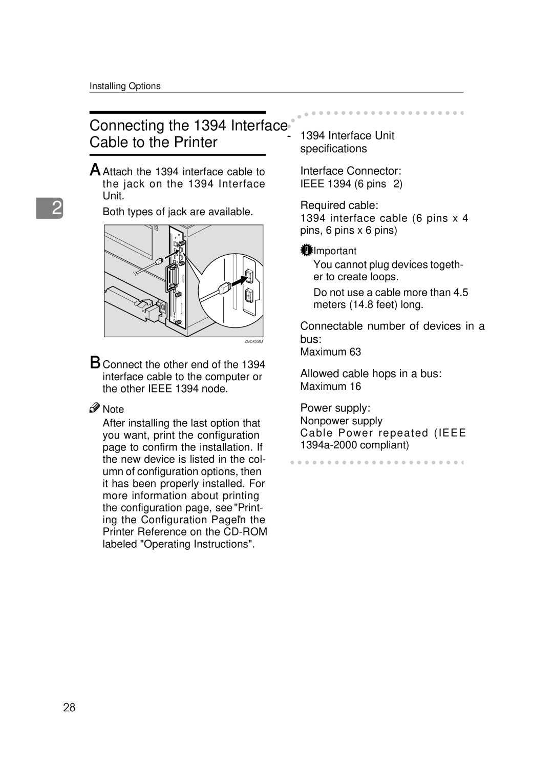 Ricoh AP2610, Type B, 400780 Connecting the 1394 Interface, Required cable, Bus, Allowed cable hops in a bus, Power supply 