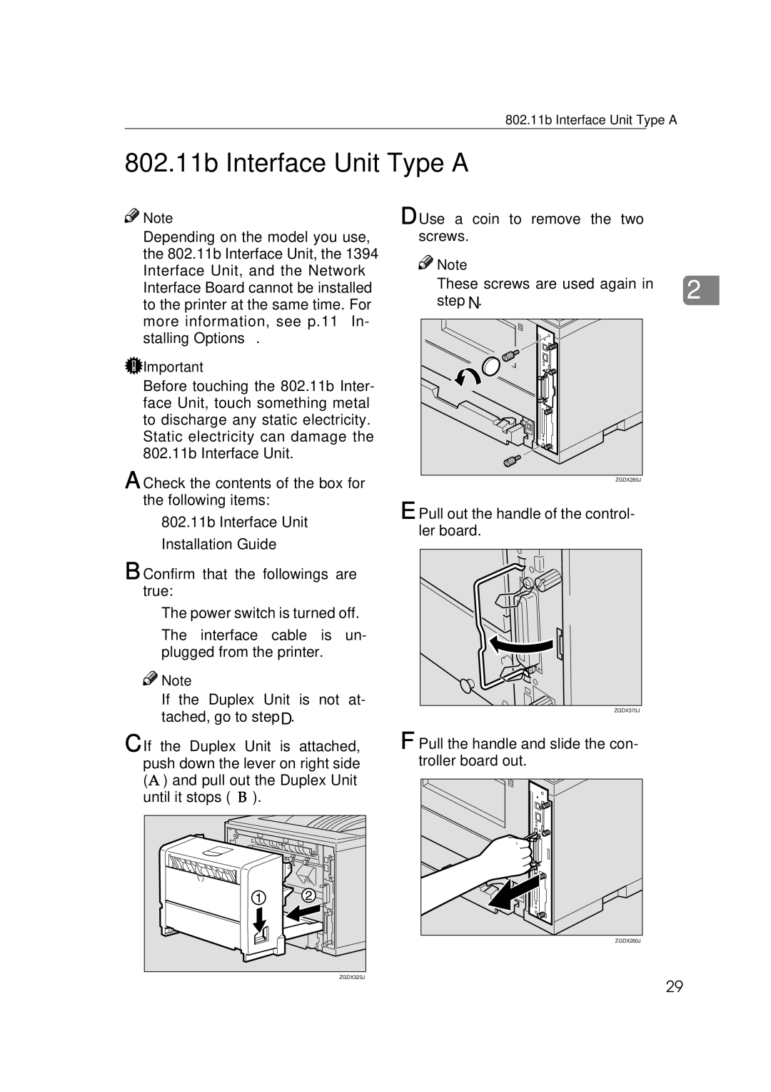 Ricoh 400780, Type B, AP2610 setup guide 802.11b Interface Unit Type a, Use a coin to remove the two screws 