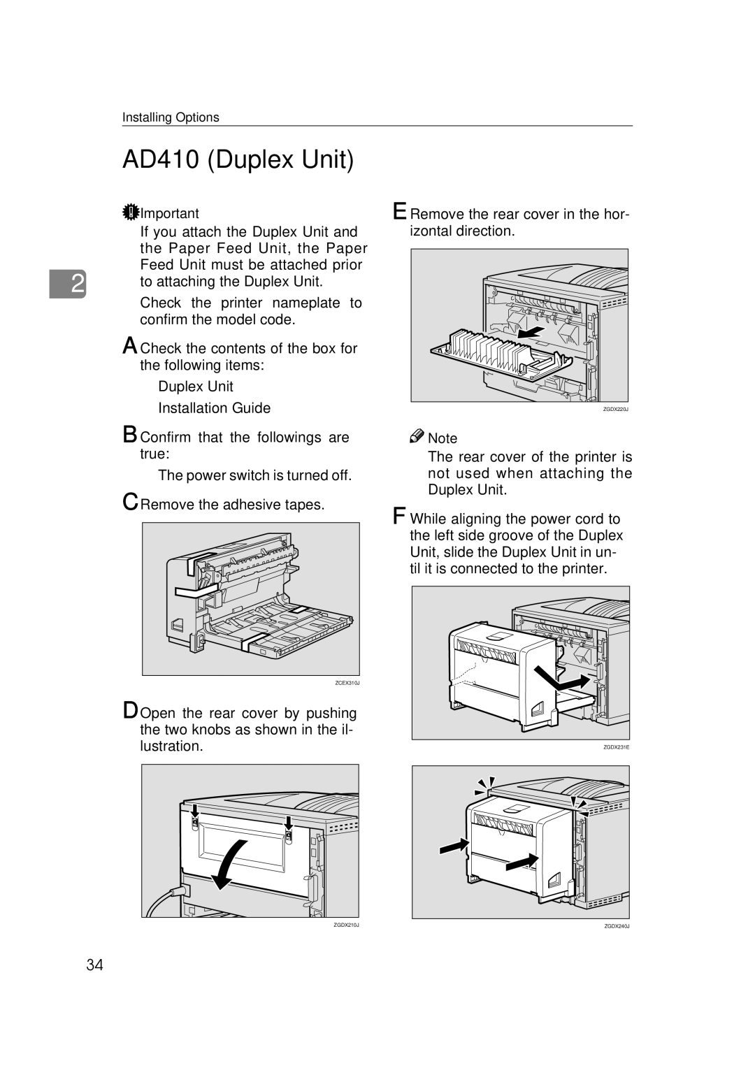 Ricoh AP2610, Type B, 400780 setup guide AD410 Duplex Unit, Remove the rear cover in the hor- izontal direction 