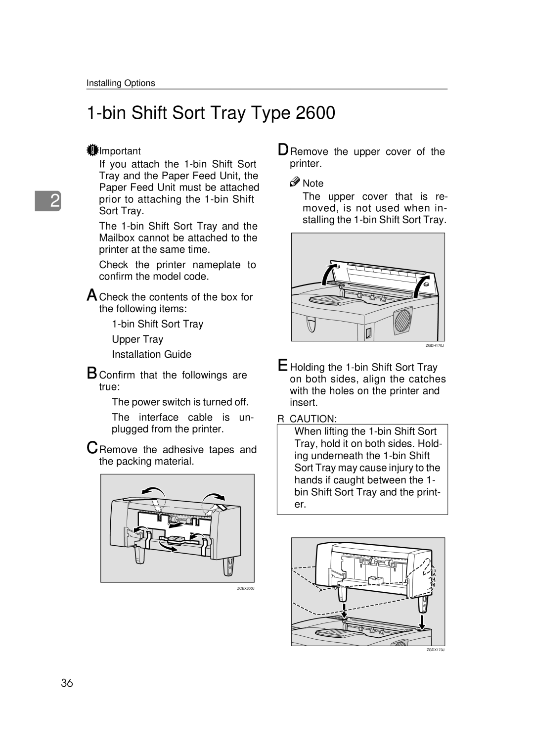 Ricoh Type B, AP2610, 400780 setup guide Bin Shift Sort Tray Type, Remove the upper cover of the printer 