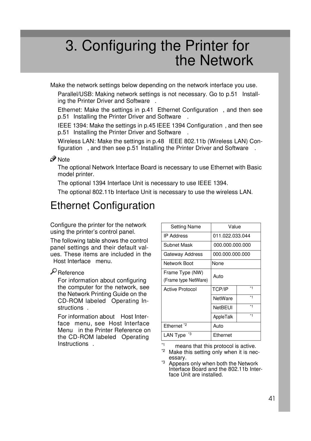 Ricoh 400780, Type B, AP2610 setup guide Configuring the Printer for the Network, Ethernet Configuration 