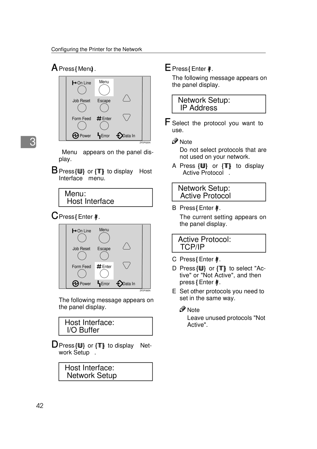 Ricoh Type B Press Menu, Press U or T to display Host Interface menu, Press Enter #, Select the protocol you want to use 