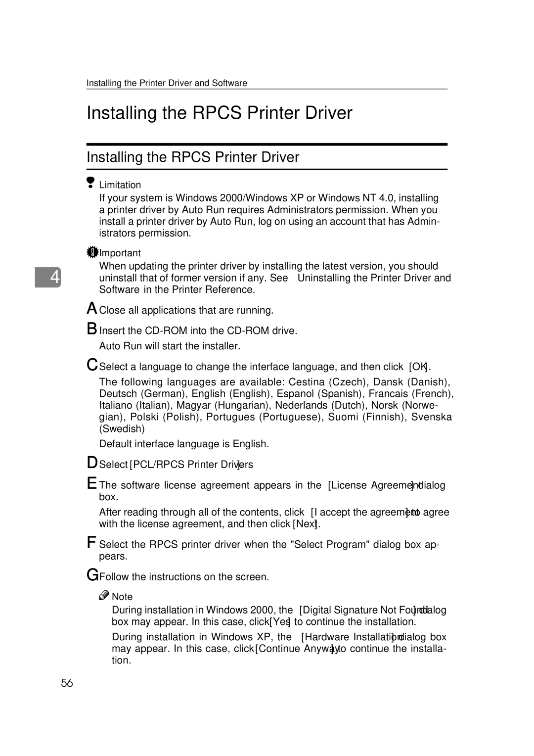 Ricoh 400780, Type B, AP2610 setup guide Installing the Rpcs Printer Driver 