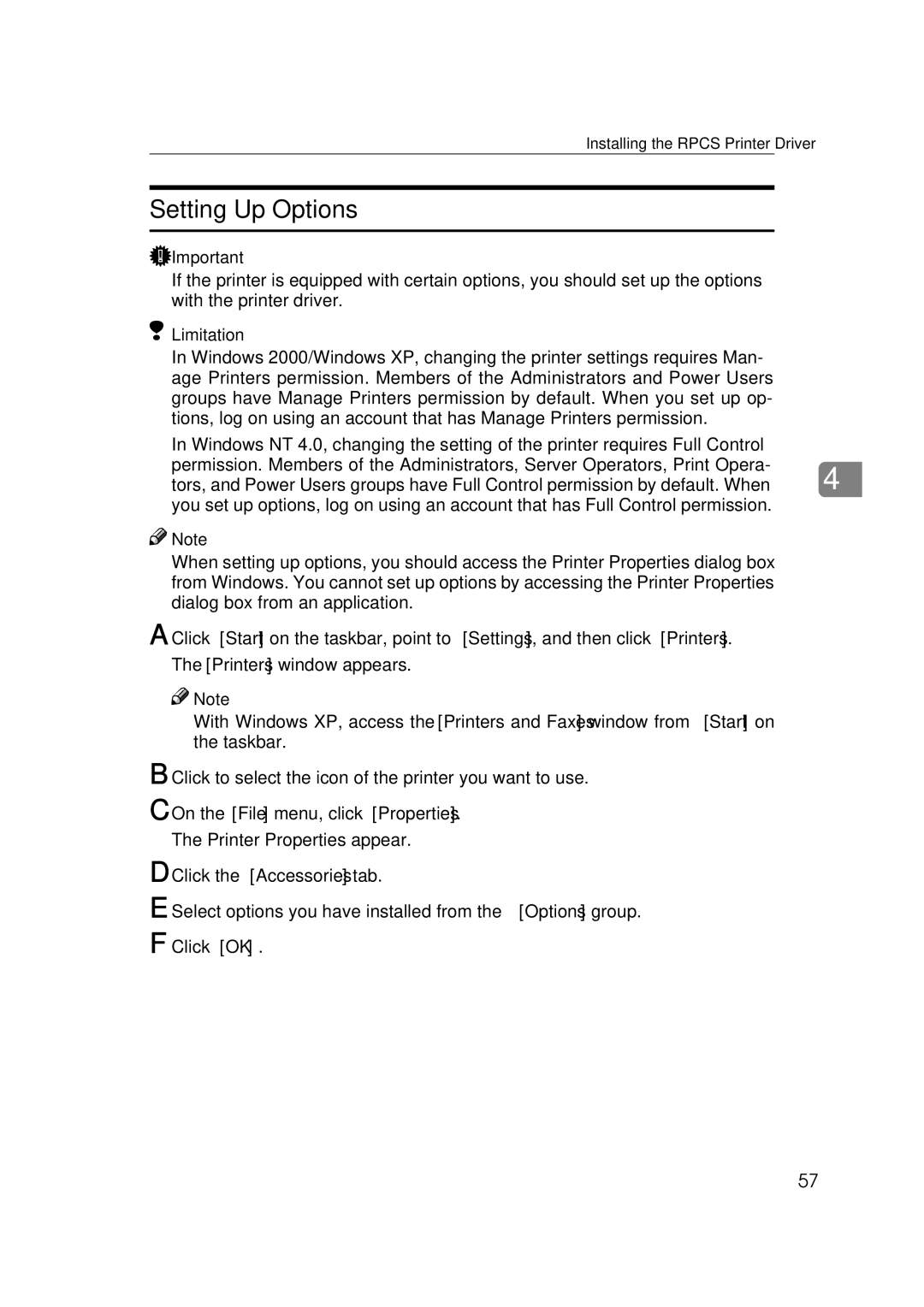 Ricoh Type B, AP2610, 400780 setup guide Installing the Rpcs Printer Driver 