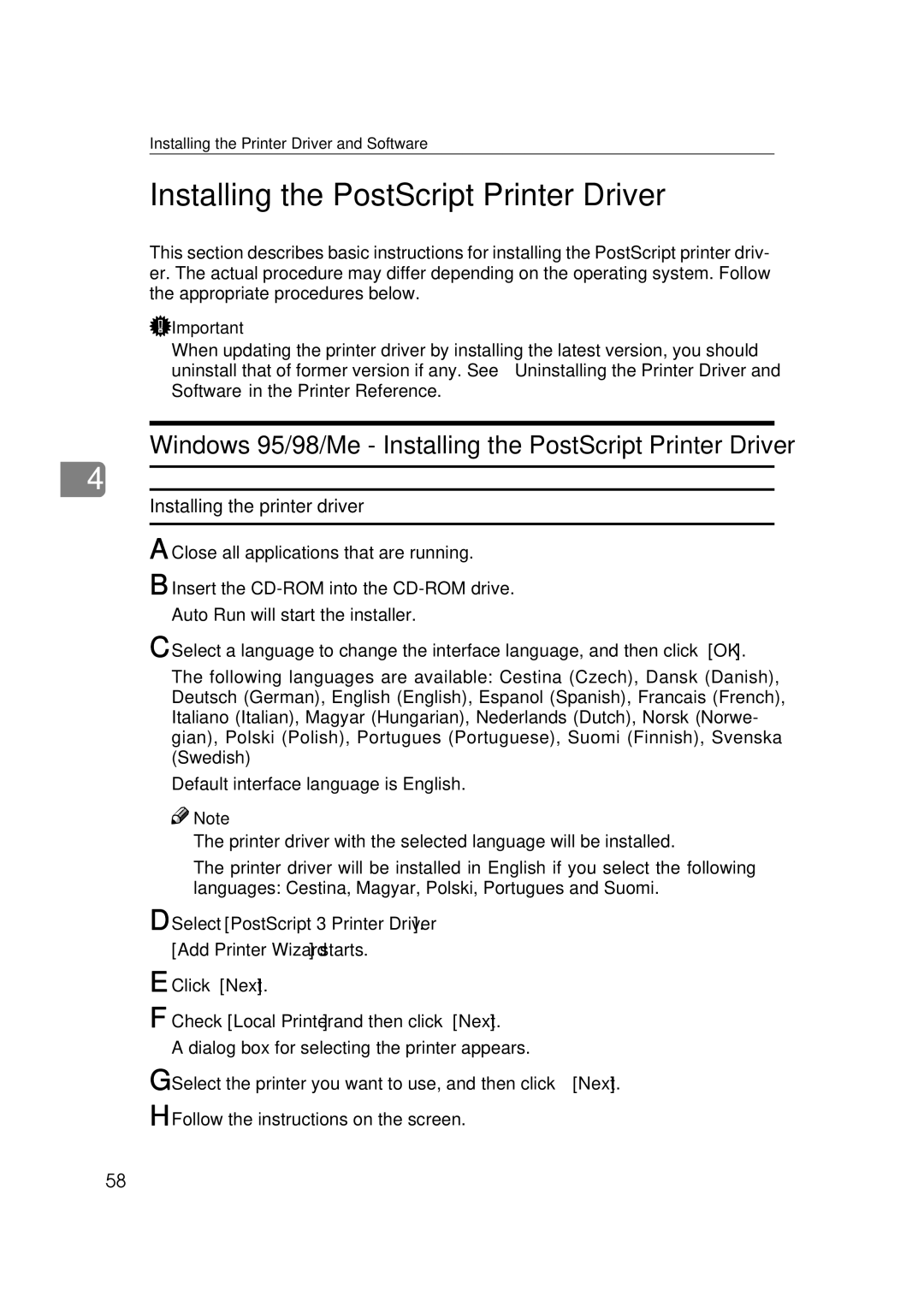 Ricoh AP2610, Type B, 400780 Windows 95/98/Me Installing the PostScript Printer Driver, Installing the printer driver 