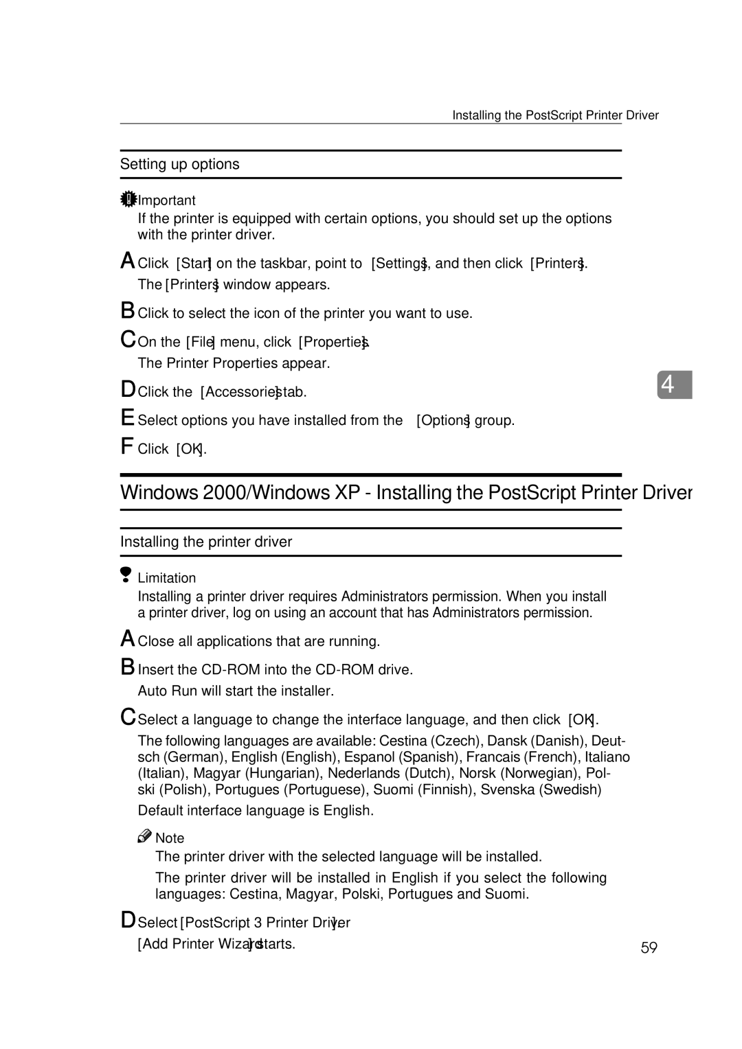 Ricoh 400780, Type B, AP2610 setup guide Setting up options, Select PostScript 3 Printer Driver Add Printer Wizard starts 