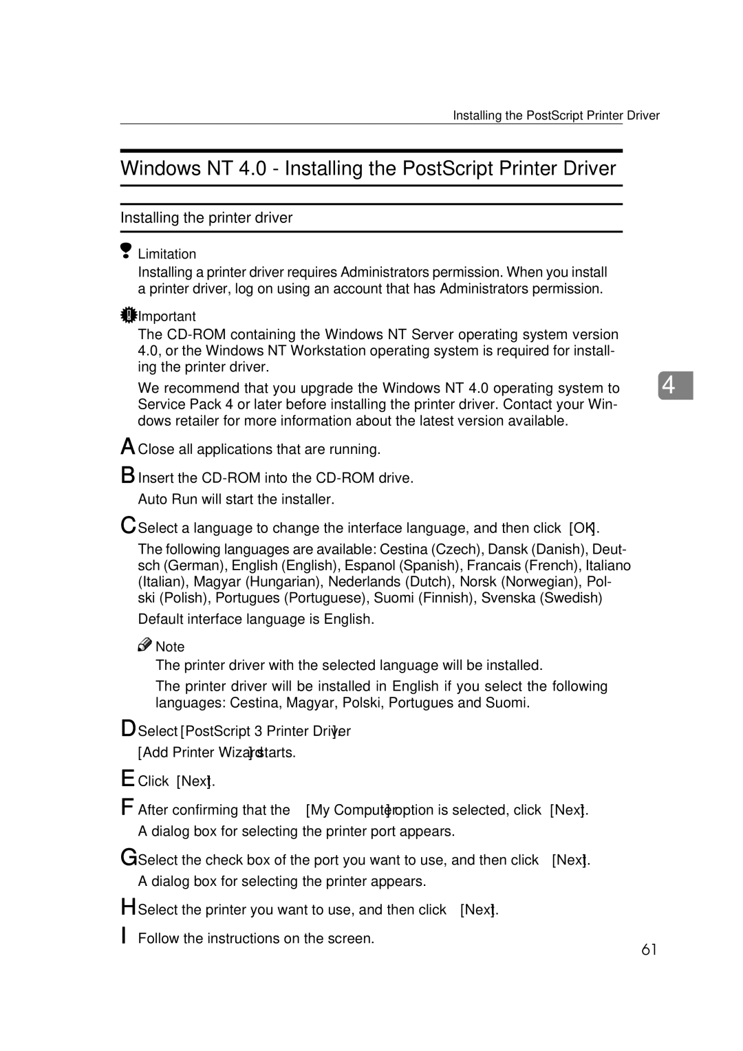 Ricoh AP2610, Type B, 400780 setup guide Windows NT 4.0 Installing the PostScript Printer Driver 