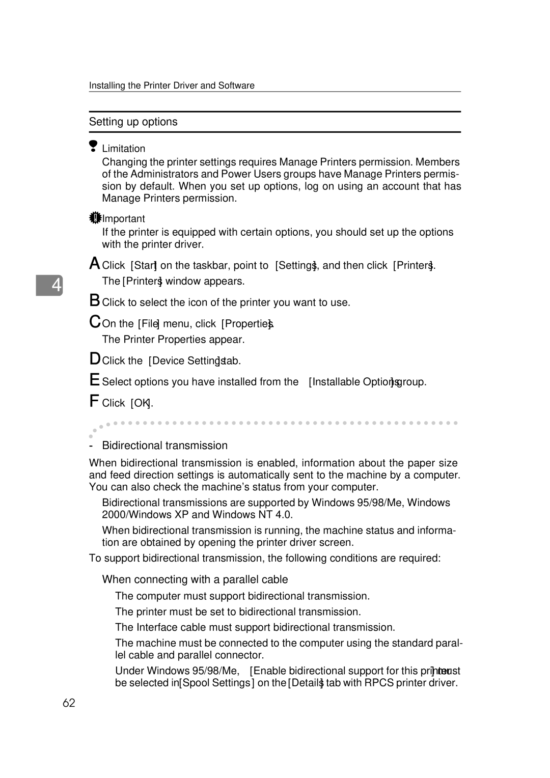 Ricoh 400780, Type B, AP2610 setup guide Bidirectional transmission, When connecting with a parallel cable 