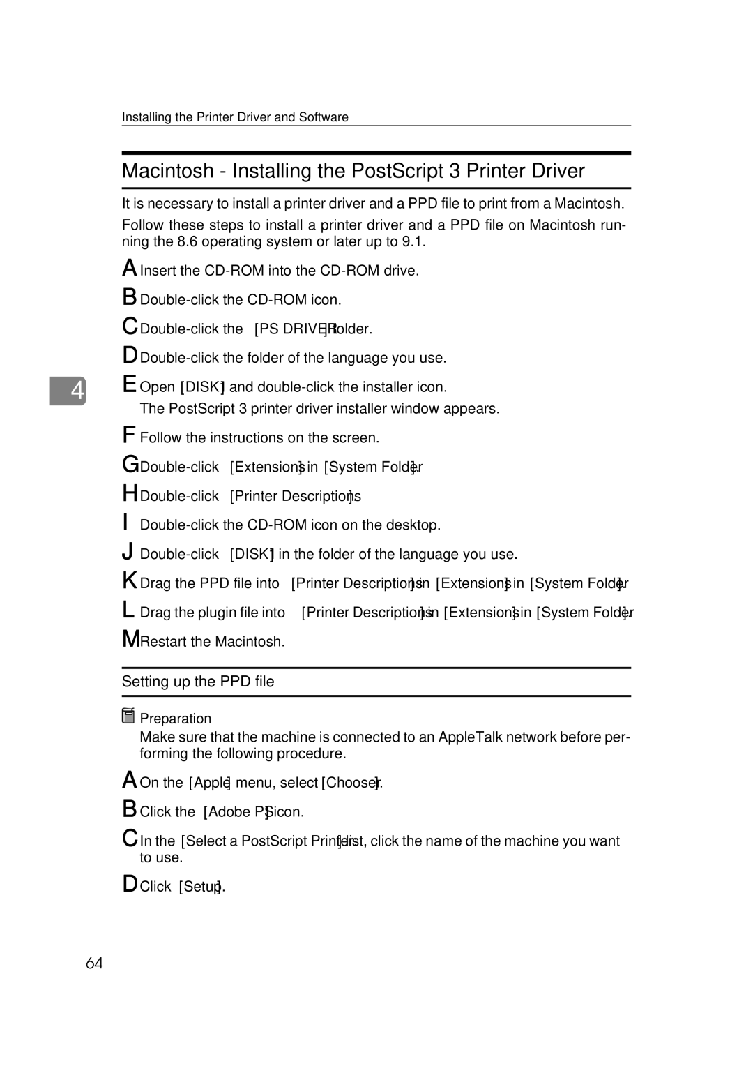 Ricoh AP2610, Type B, 400780 setup guide Macintosh Installing the PostScript 3 Printer Driver, Setting up the PPD file 