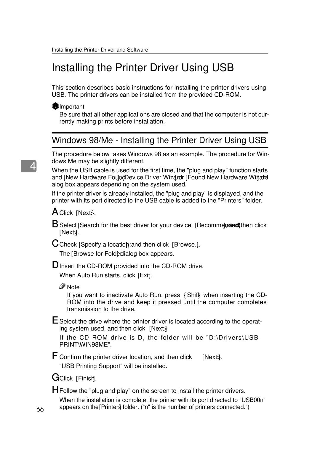 Ricoh Type B Windows 98/Me Installing the Printer Driver Using USB, Check Specify a location, and then click Browse 