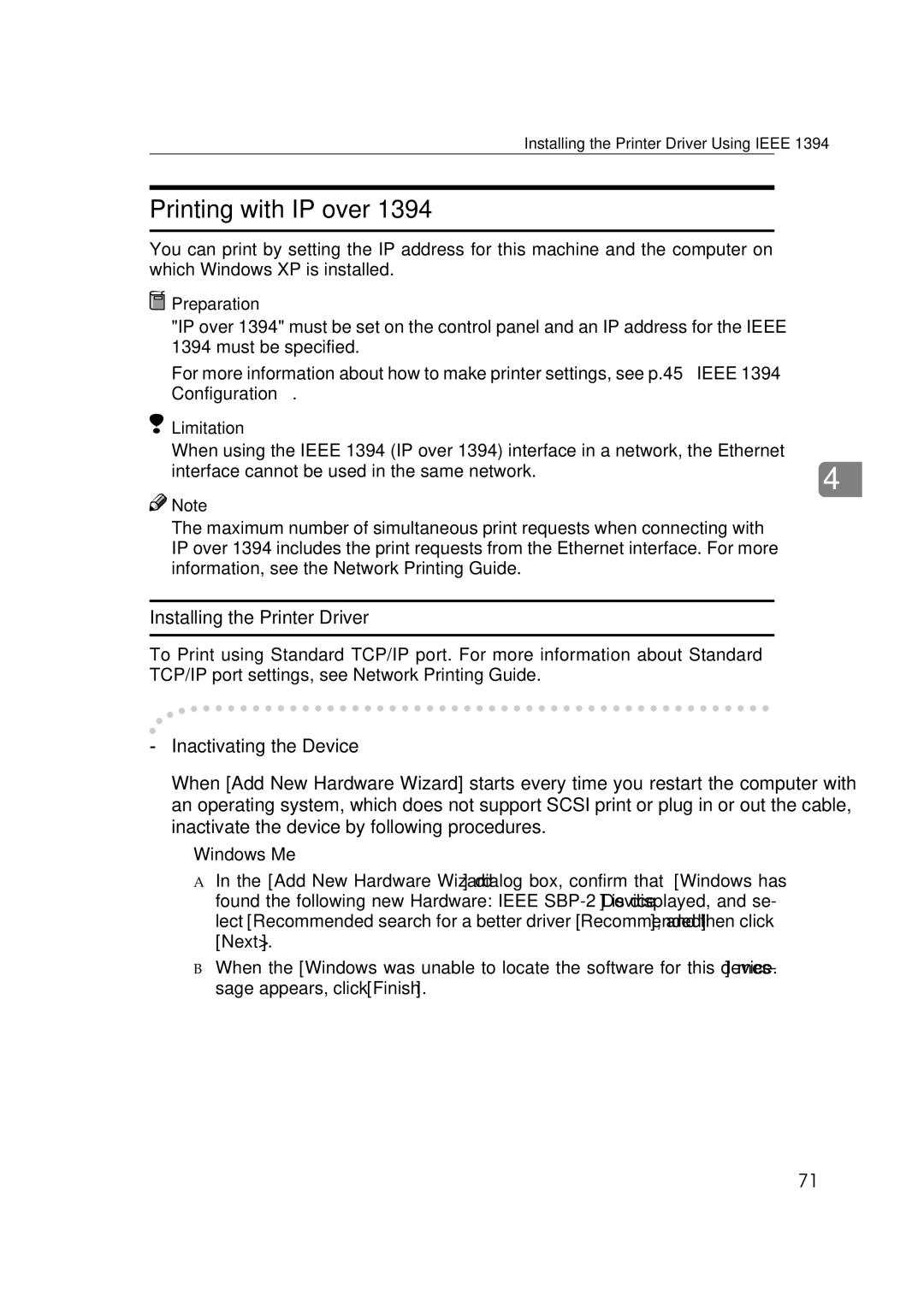 Ricoh 400780, Type B, AP2610 setup guide Printing with IP over, Inactivating the Device 