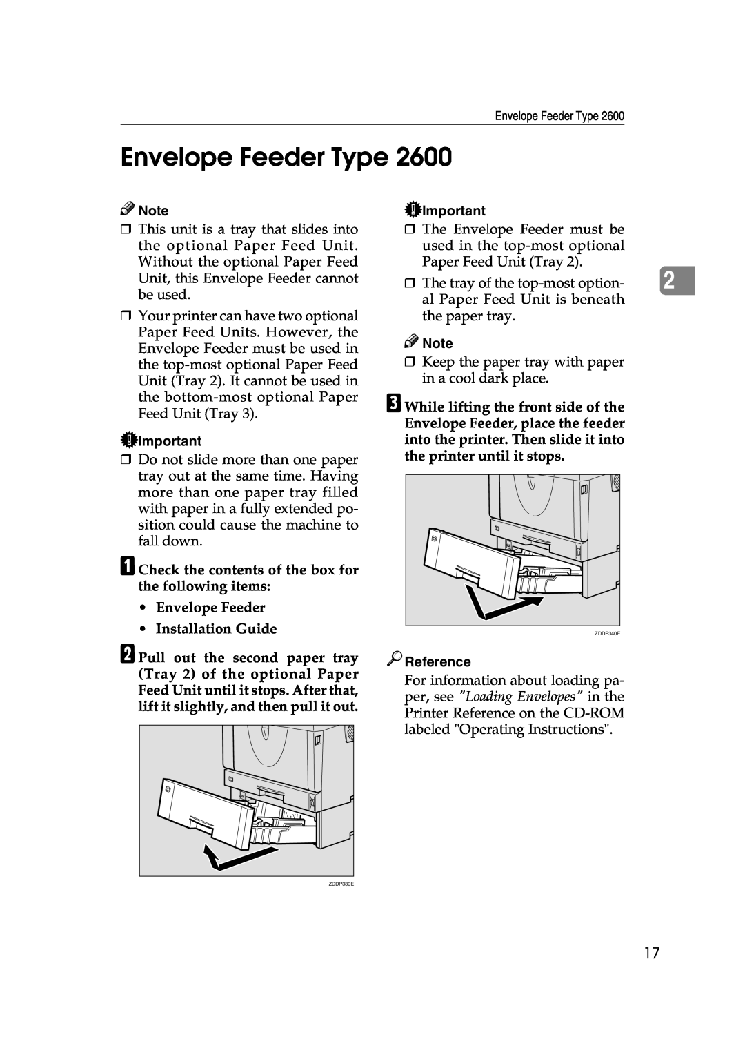 Ricoh 400780, Type B, AP2610 setup guide Envelope Feeder Type, Reference 