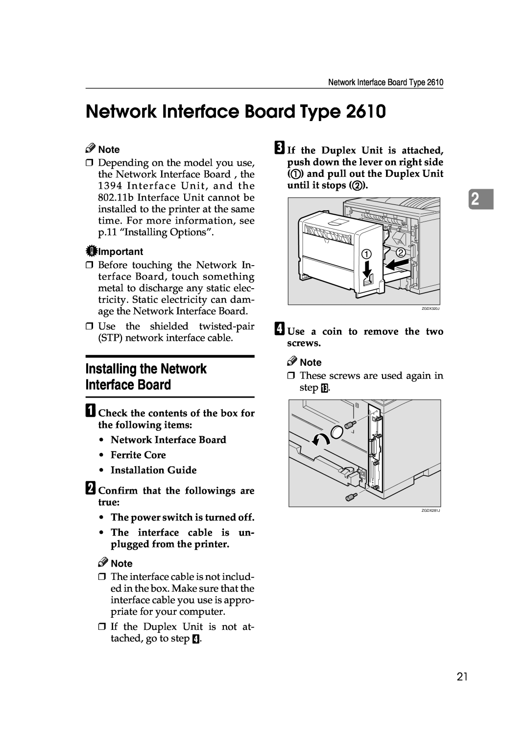 Ricoh Type B, AP2610, 400780 setup guide Network Interface Board Type, Installing the Network Interface Board 
