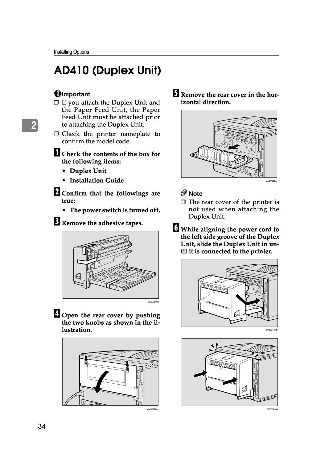 Ricoh AP2610, Type B, 400780 setup guide AD410 Duplex Unit 
