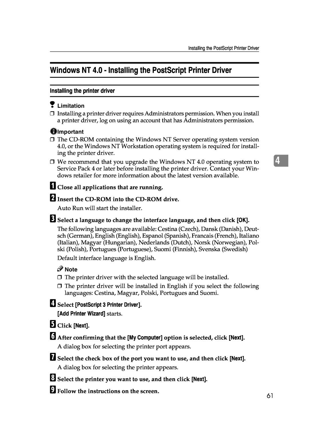 Ricoh AP2610, Type B Windows NT 4.0 - Installing the PostScript Printer Driver, Installing the printer driver, Limitation 