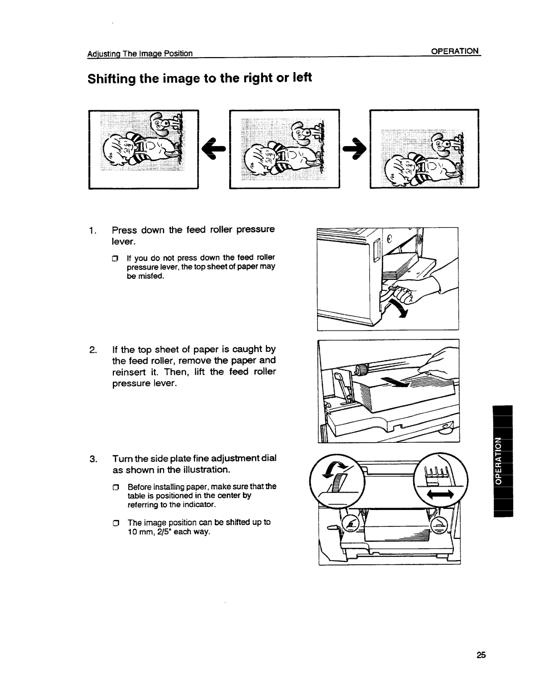 Ricoh VT1730 manual Shifting the image to the right or left, Press down the feed roller pressure lever 