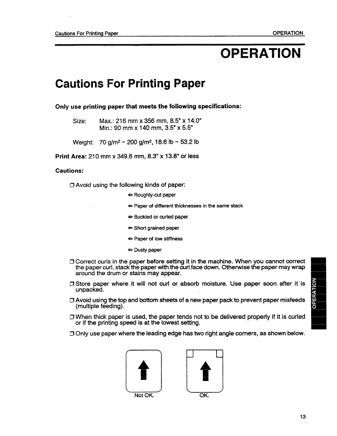 Ricoh VT1730 manual Operation, Cautions For Printing Paper 
