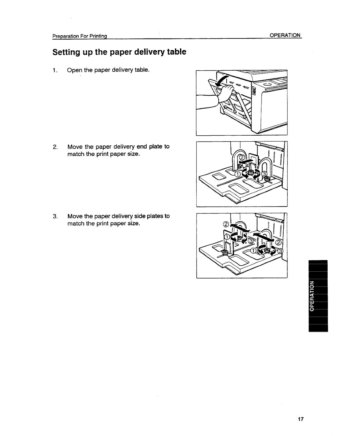 Ricoh VT1730 manual Setting up the paper delivery table, Open the paper delivery table, Preparation For Printing, Operation 