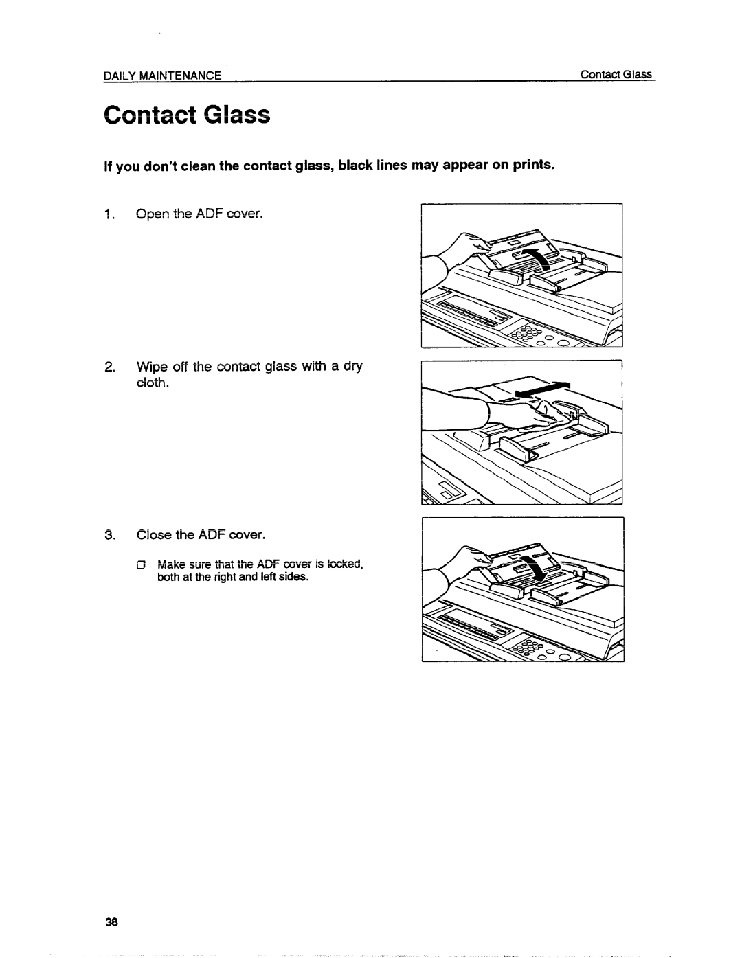 Ricoh VT1730 manual Contact Glass, Open the ADF cover 2. Wipe off the mntact glass with a dry cloth, Close the ADF cover 