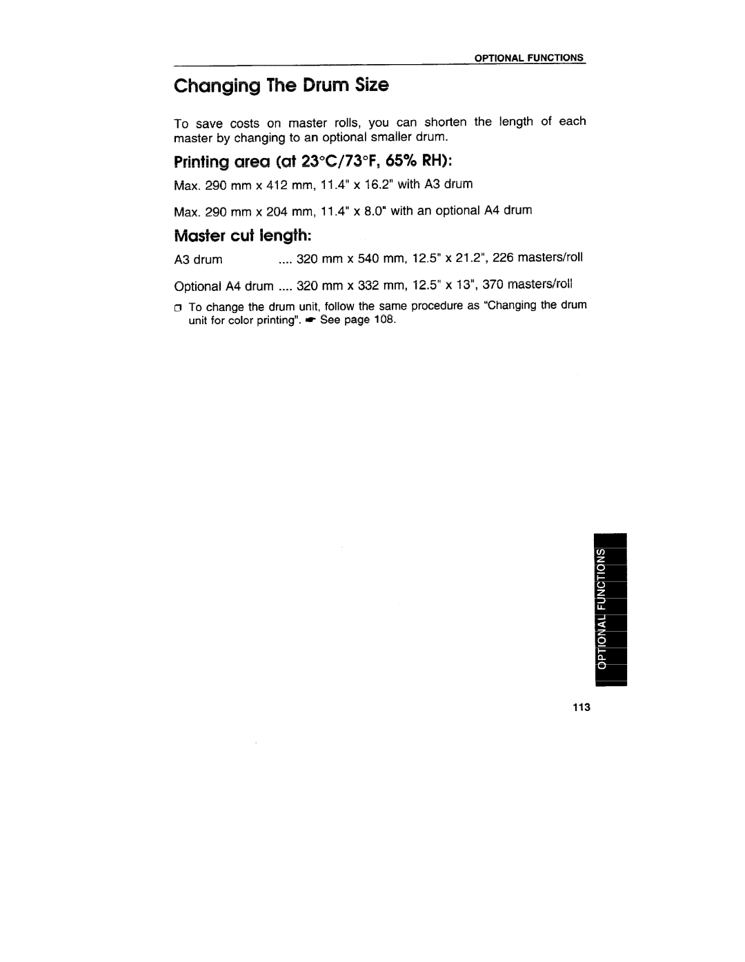 Ricoh VT3800 manual Changing The Drum Size, Printing area at 230C/730F, 65V0 RH, Master Cut length, 332 