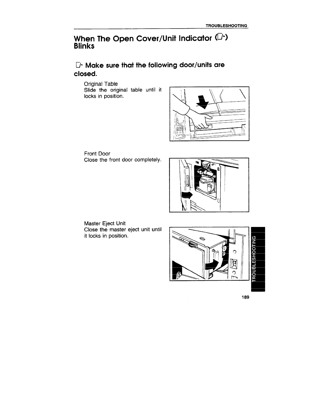 Ricoh VT3800 manual When The ODen Cover/Unit Indicator ~ Blinks, Make sure that the following door/units are closed 