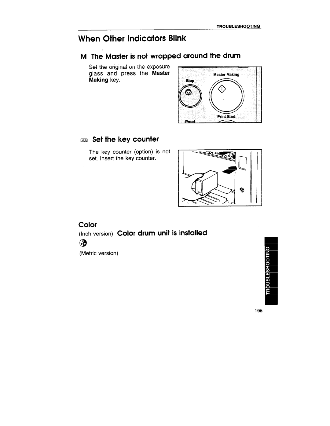 Ricoh VT3800 manual When Other Indicators Blink, Master is not wrapped around the drum, ~ Set the key counter, Making Key 