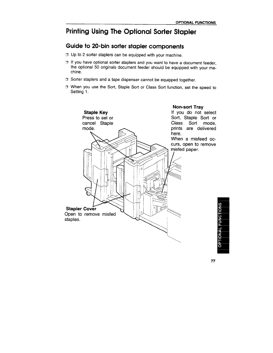 Ricoh VT3800 manual Printing Using The Optional Sorter Stapler, Guide to 20-bin sorter stapler components, Non-sort 