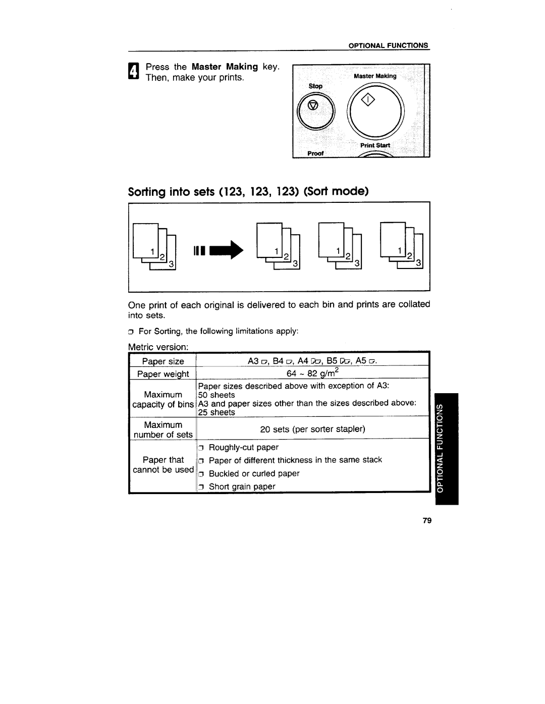 Ricoh VT3800 manual Sorting into sets 123, 123, 123 Sort mode, Master Making, Stop 