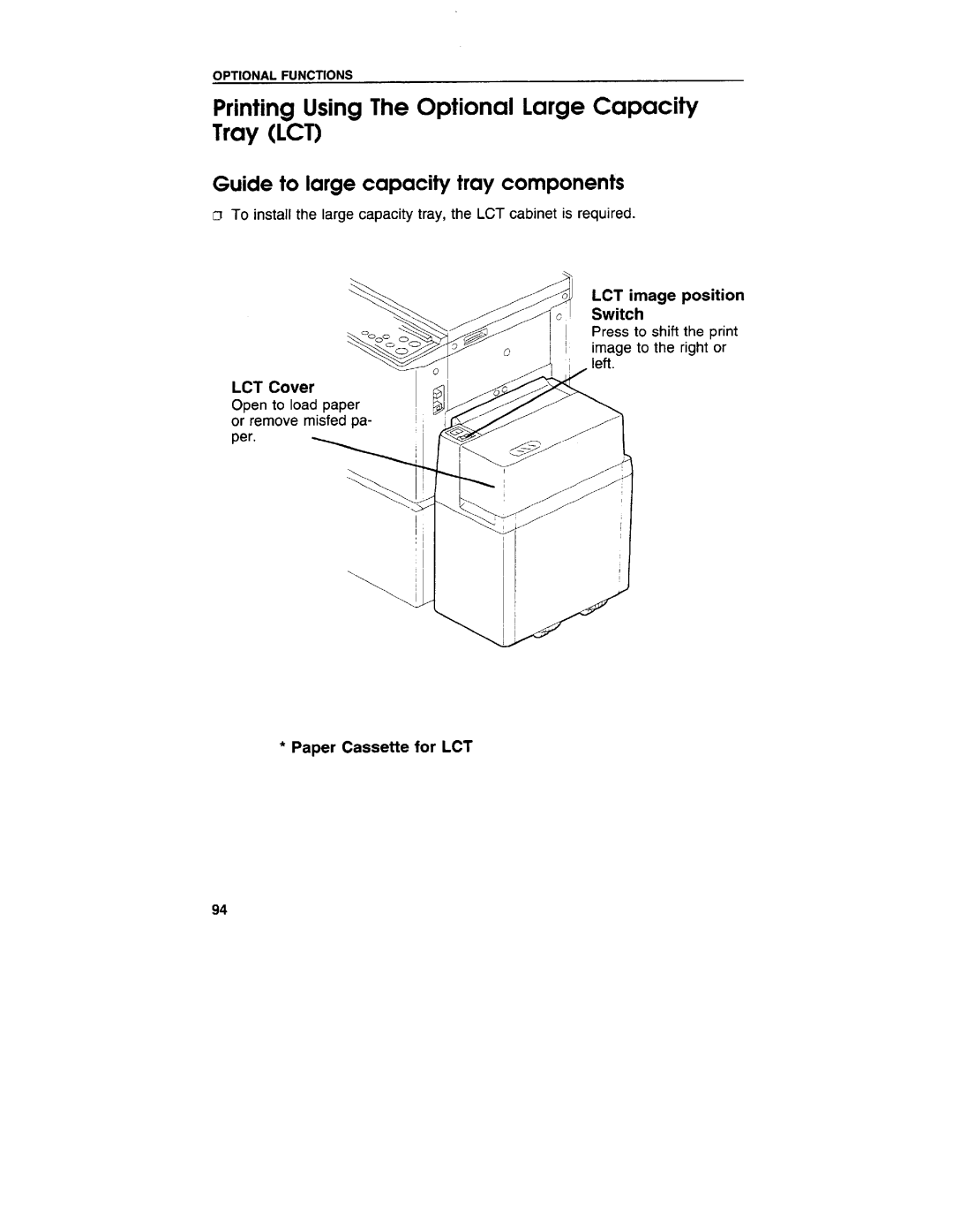 Ricoh VT3800 manual Printing Using The Optional Large Capacity Tray lCT, Guide to large capacity tray components 