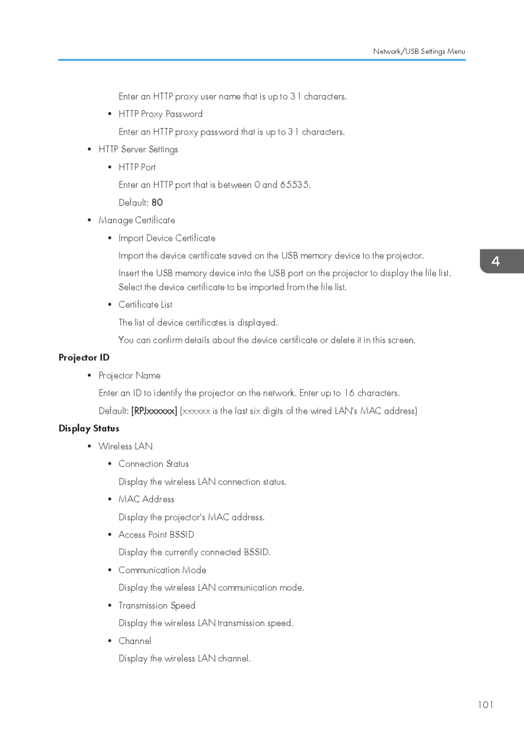 Ricoh WX4130n operating instructions Network/USB Settings Menu 