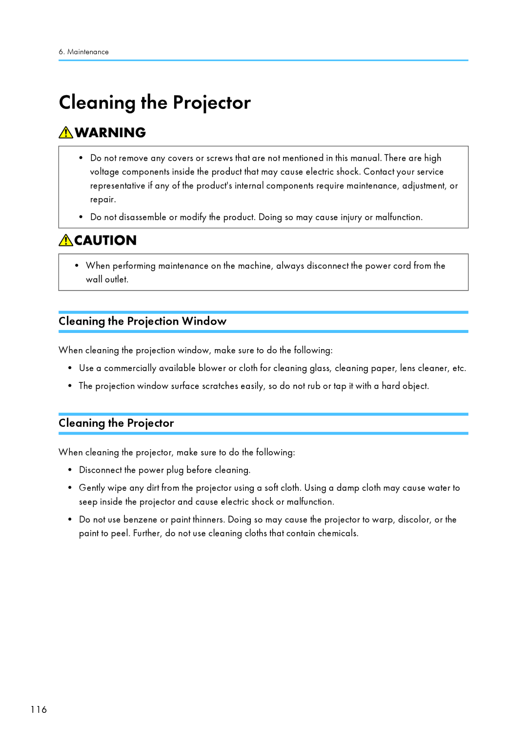 Ricoh WX4130n operating instructions Cleaning the Projector, Cleaning the Projection Window 