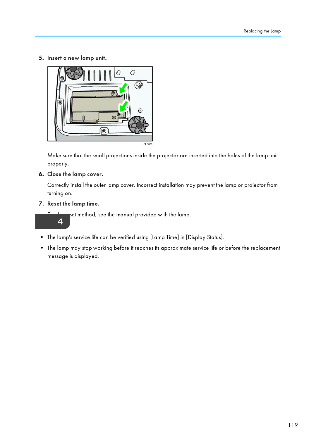 Ricoh WX4130n operating instructions Insert a new lamp unit, Close the lamp cover, Reset the lamp time 