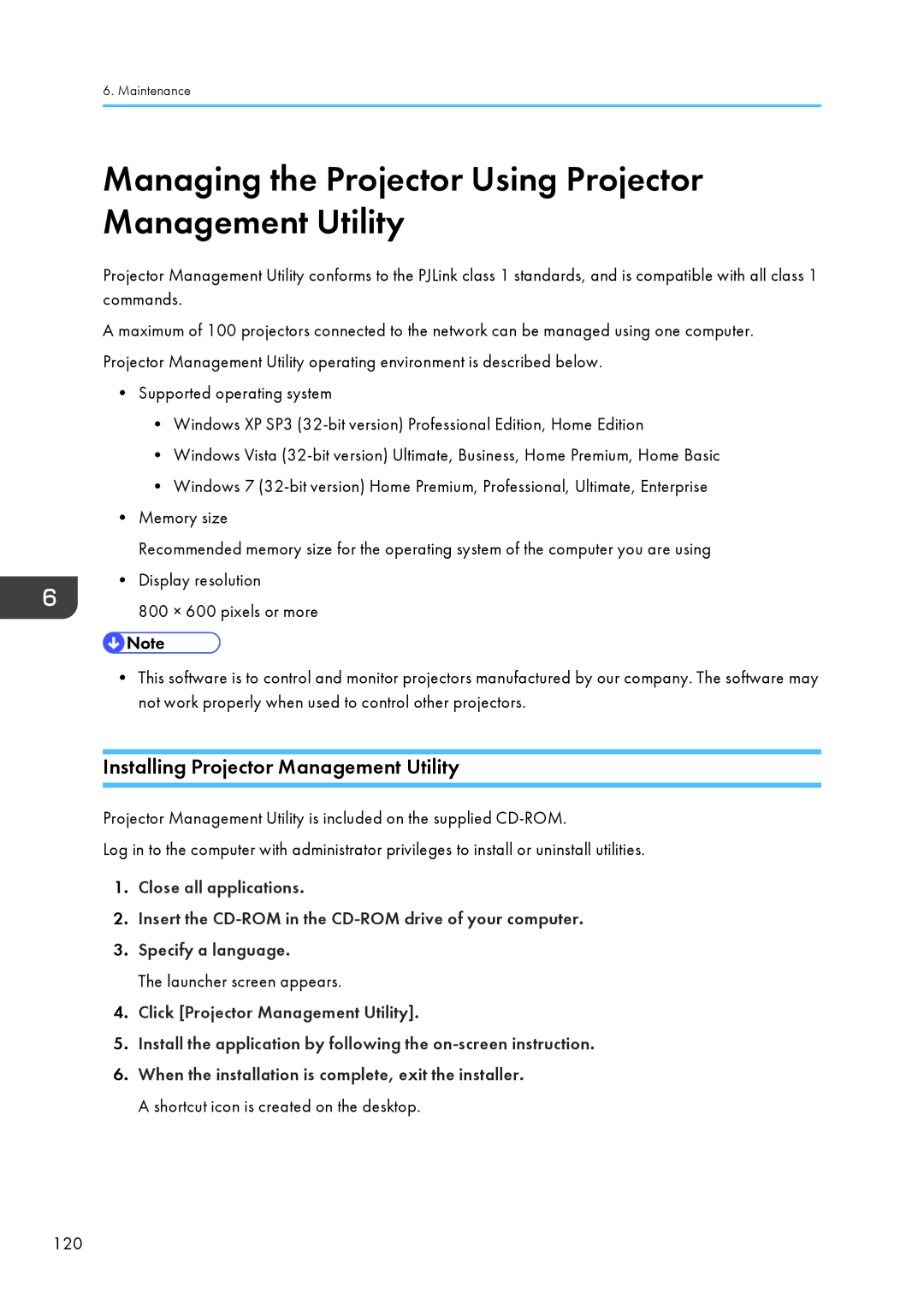 Ricoh WX4130n Managing the Projector Using Projector Management Utility, Installing Projector Management Utility 