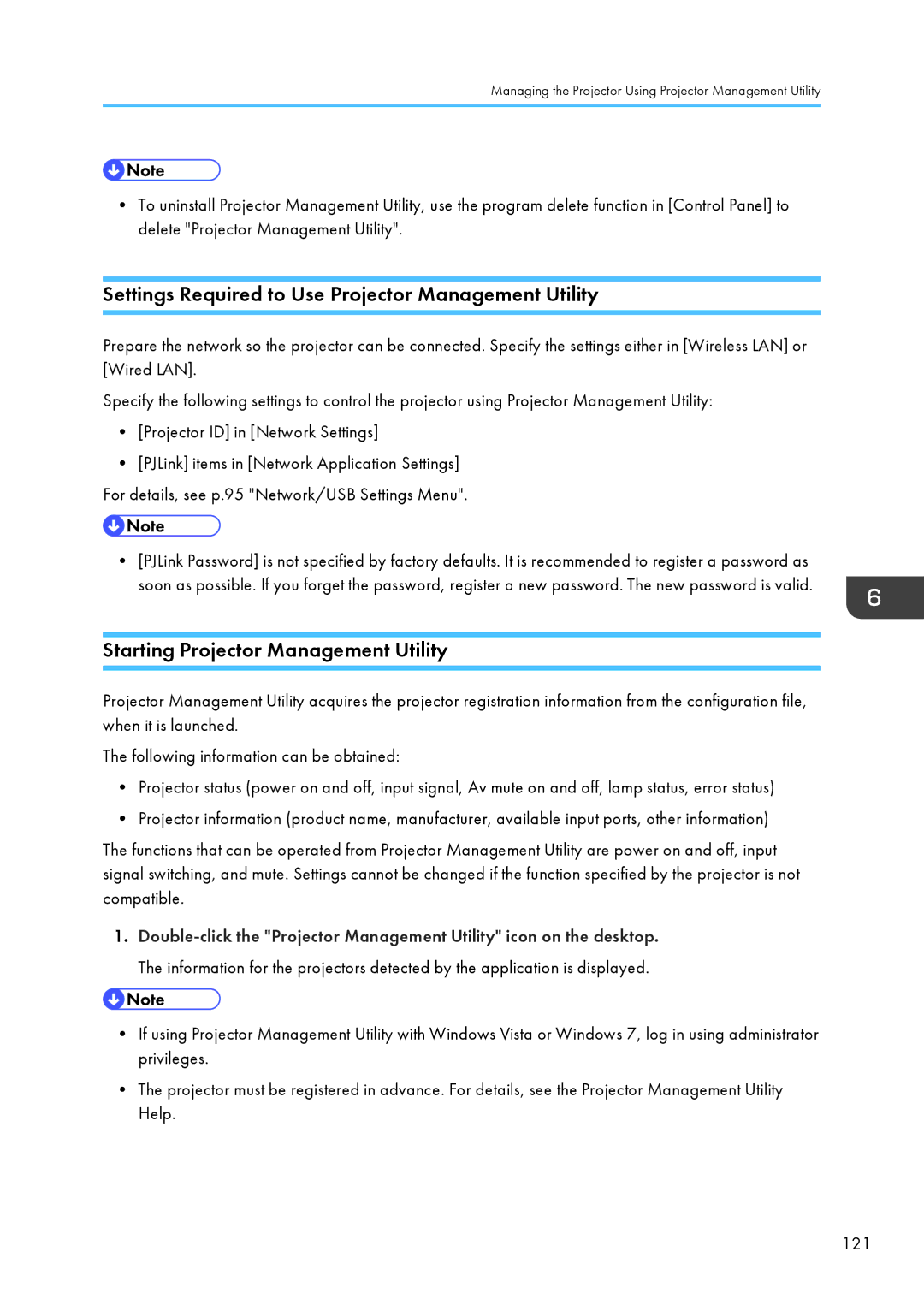 Ricoh WX4130n Settings Required to Use Projector Management Utility, Starting Projector Management Utility 