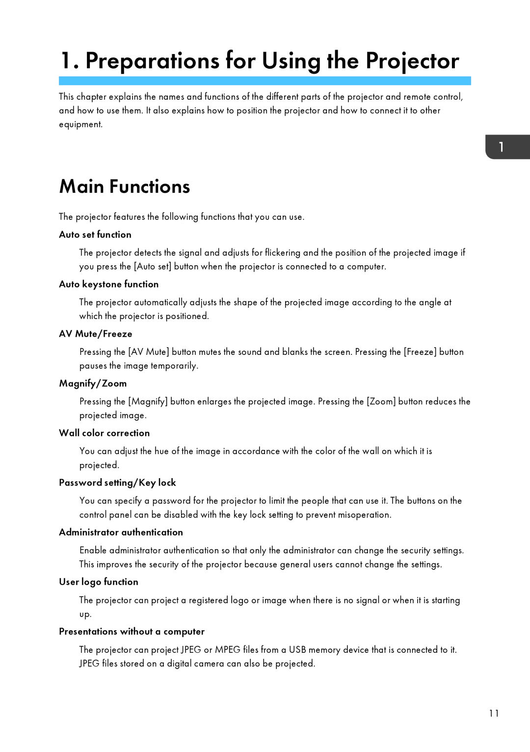 Ricoh WX4130n operating instructions Preparations for Using the Projector, Main Functions 