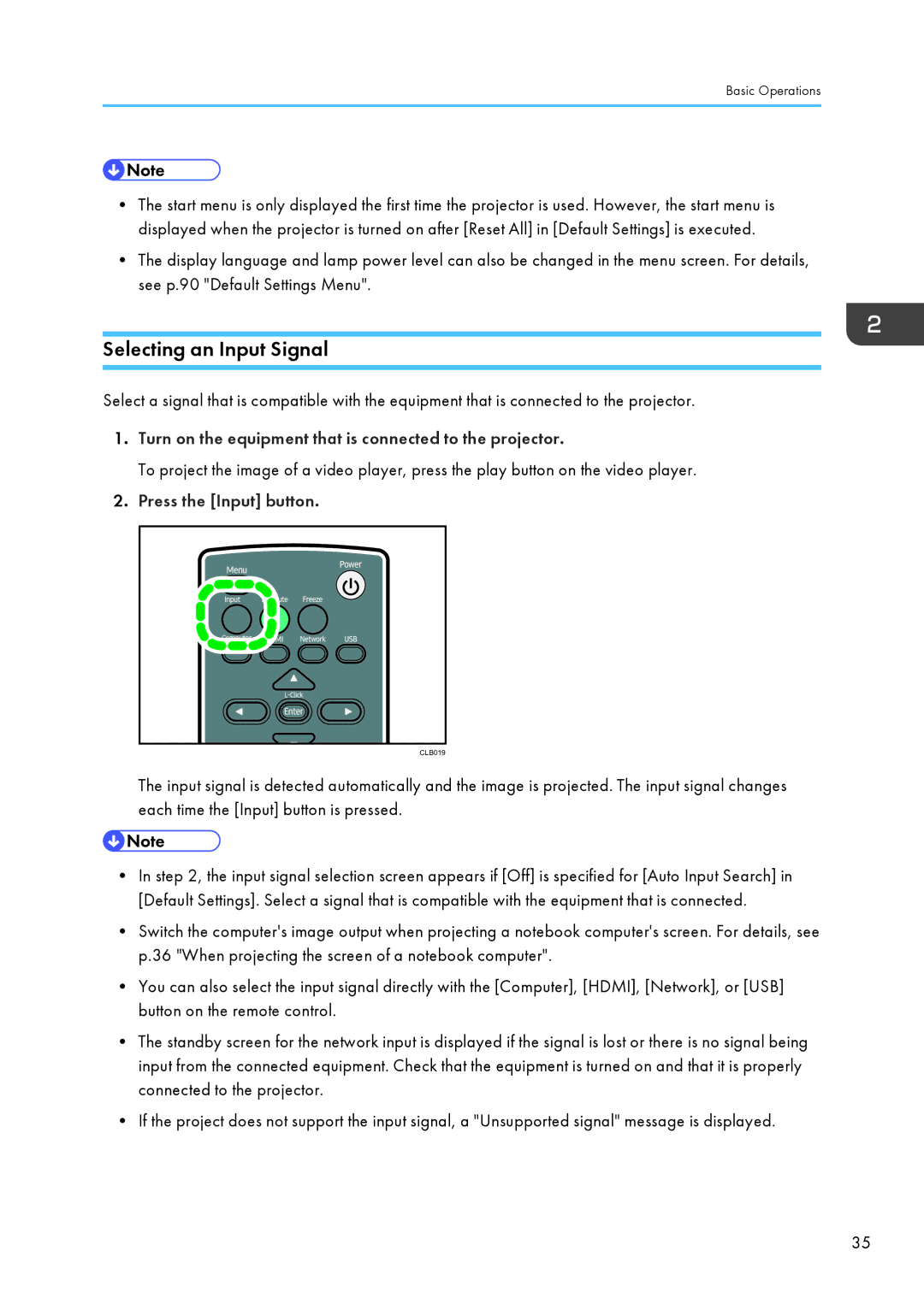 Ricoh WX4130n Selecting an Input Signal, Turn on the equipment that is connected to the projector, Press the Input button 