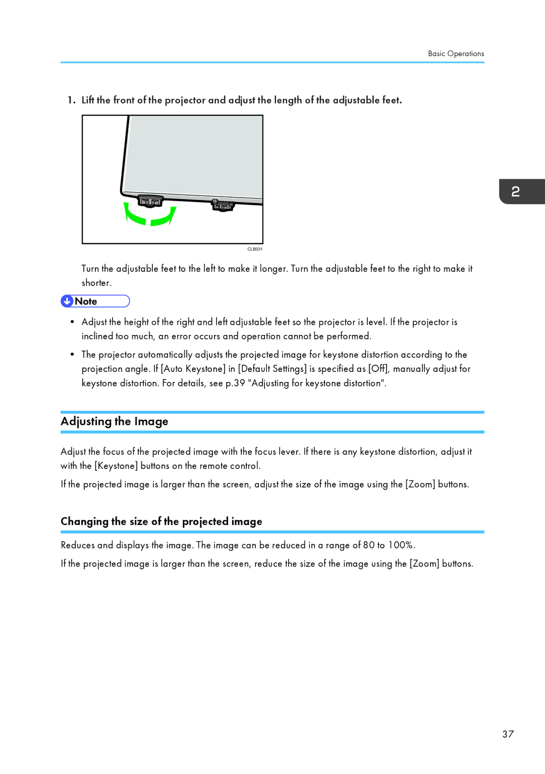 Ricoh WX4130n operating instructions Adjusting the Image, Changing the size of the projected image 