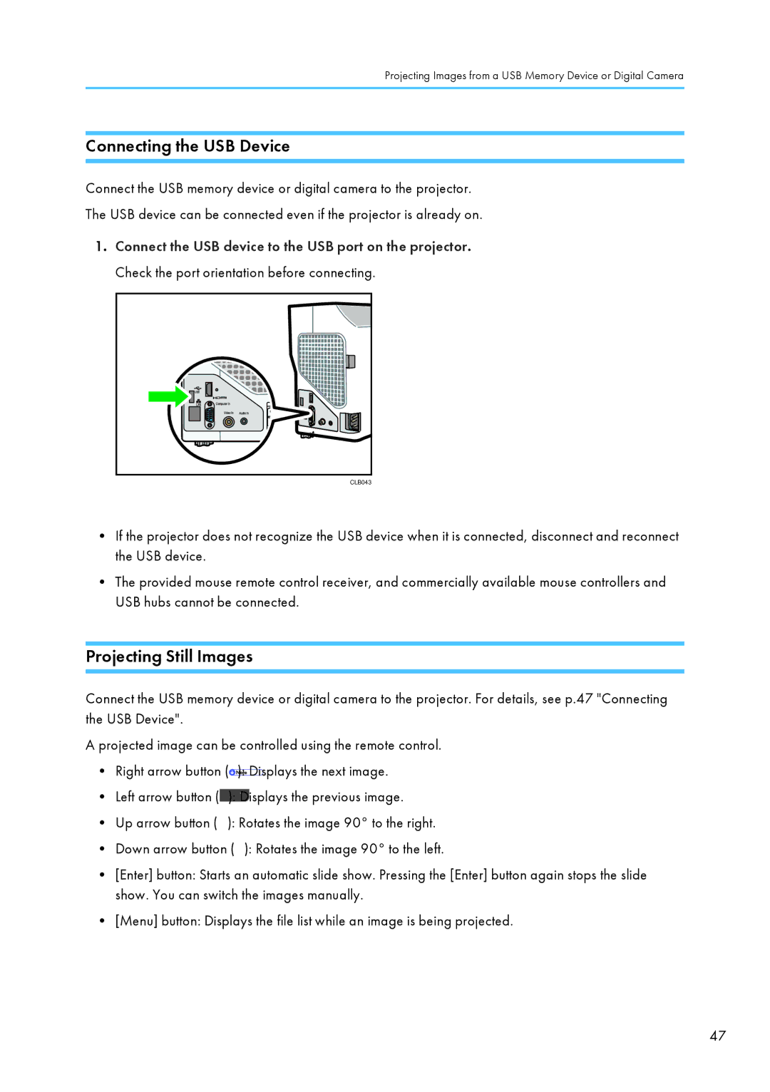 Ricoh WX4130n operating instructions Connecting the USB Device, Projecting Still Images 