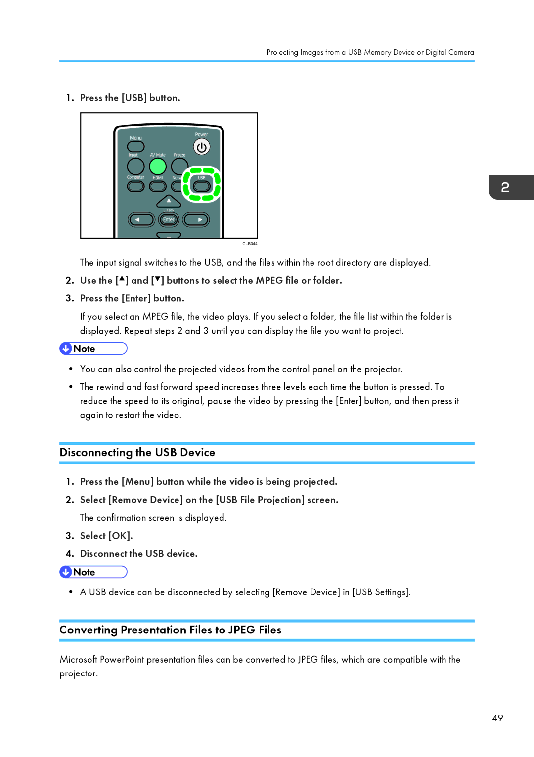 Ricoh WX4130n operating instructions Disconnecting the USB Device, Converting Presentation Files to Jpeg Files 